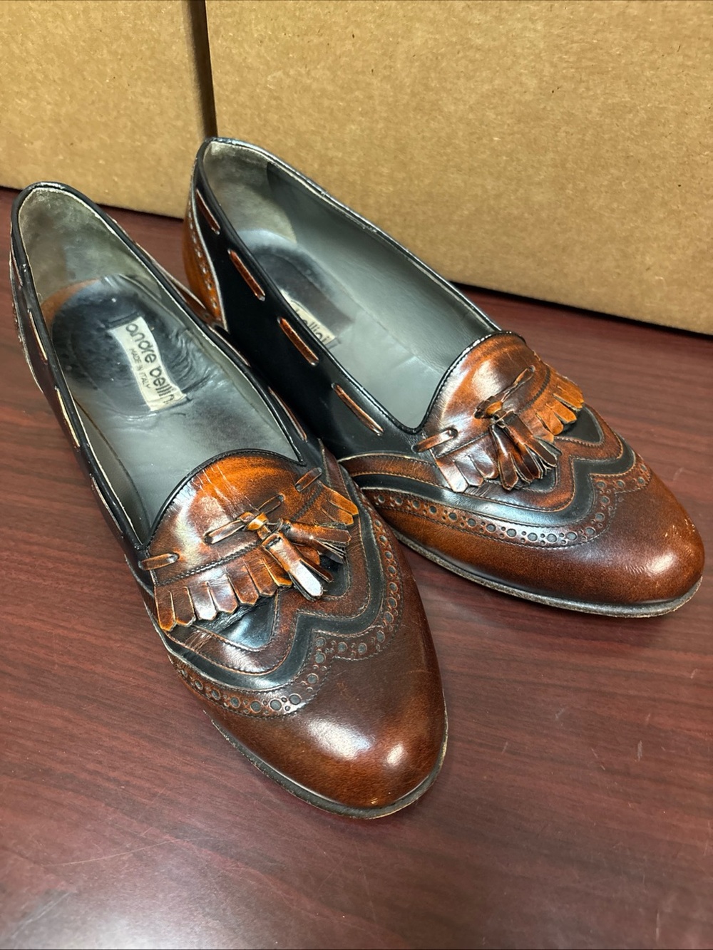 Andre Bellini Brown Men’s Leather Dress Shoes Loafers US 10.5 Slip-Ons ITALY